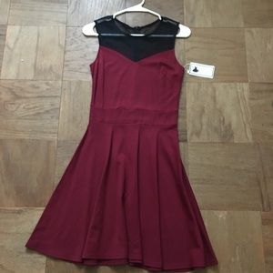 Maroon A-line Dress with Black Mesh Insert